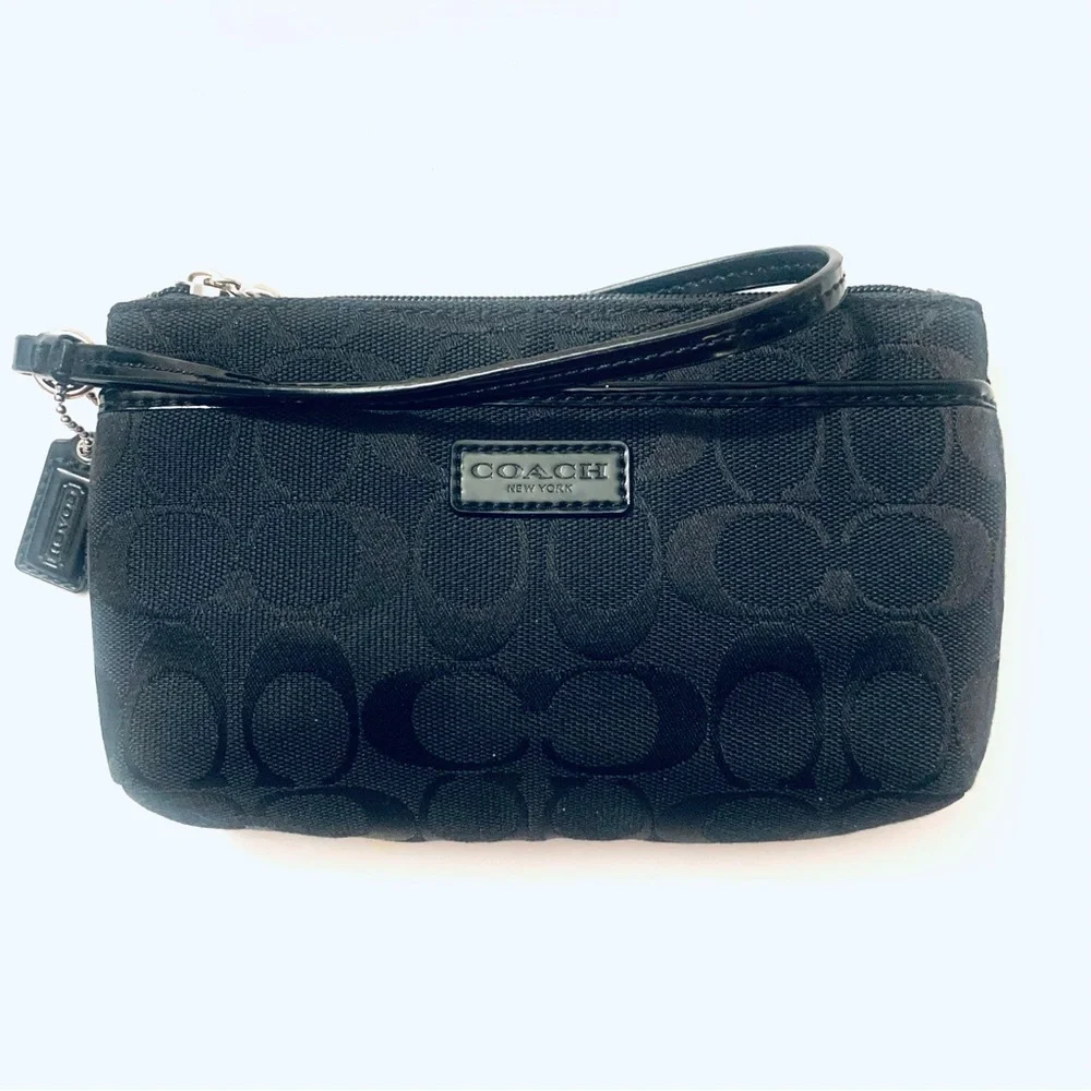 COACH Black Canvas Wristlet Signature Monogram Leather Trim Mini Pouch